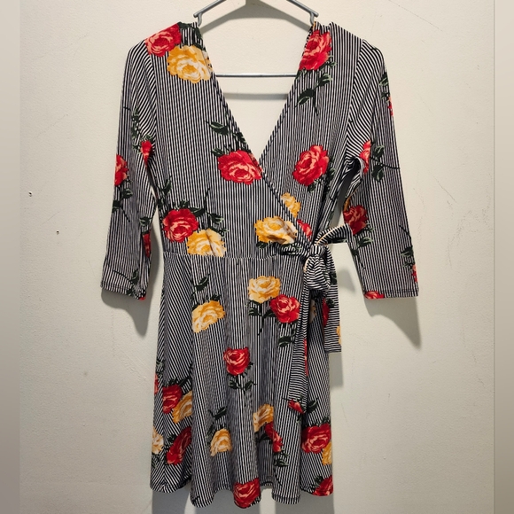Eccentric Stripe Roses Mini Dress Size Medium No Boundaries Quarter Sleeve - Picture 5 of 7